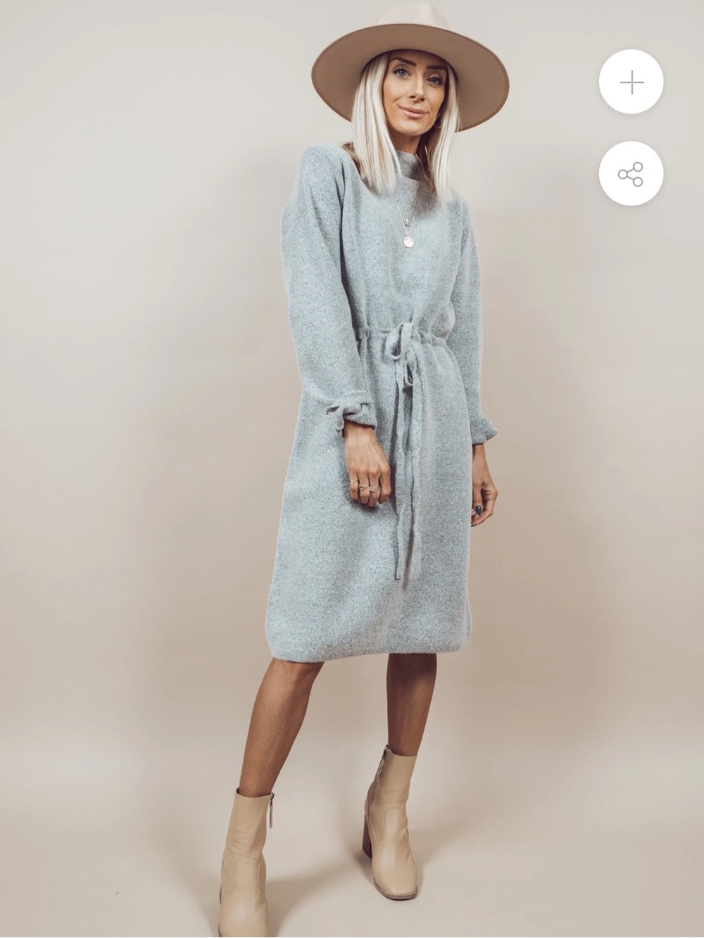Cozy Heather Gray Sweater Tie-Waist Knit Midi Dress